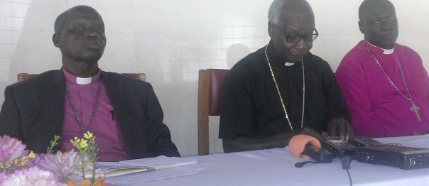 ECSSS Bishop Hillary Luate left Catholic Bishop Erkolano Lodu centre and EPC Bishop Elias Taban right